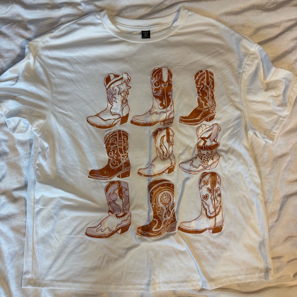 SHEIN White Tee with Brown Boot Pattern